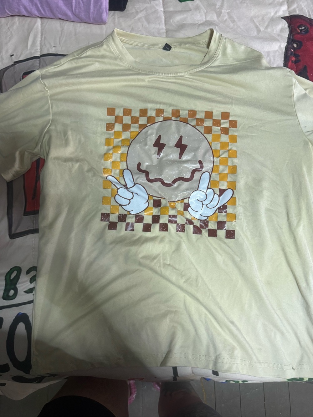 SHEIN Yellow Graphic Short Sleeve Tee with Checkerboard Smiley